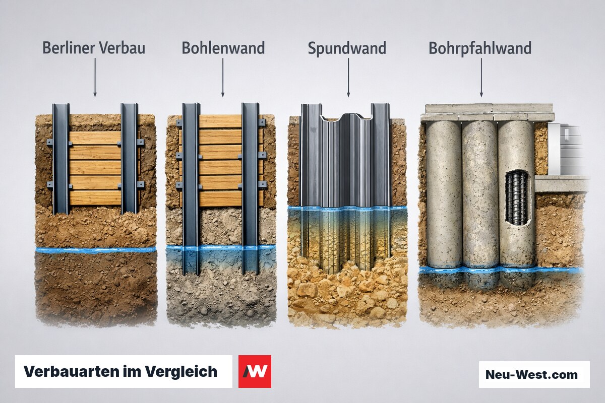 Verbauarten im Vergleich: Berliner Verbau, Bohlen, Spund, Bohrpfahl – Erklär-Grafik (NEUWEST Berlin)