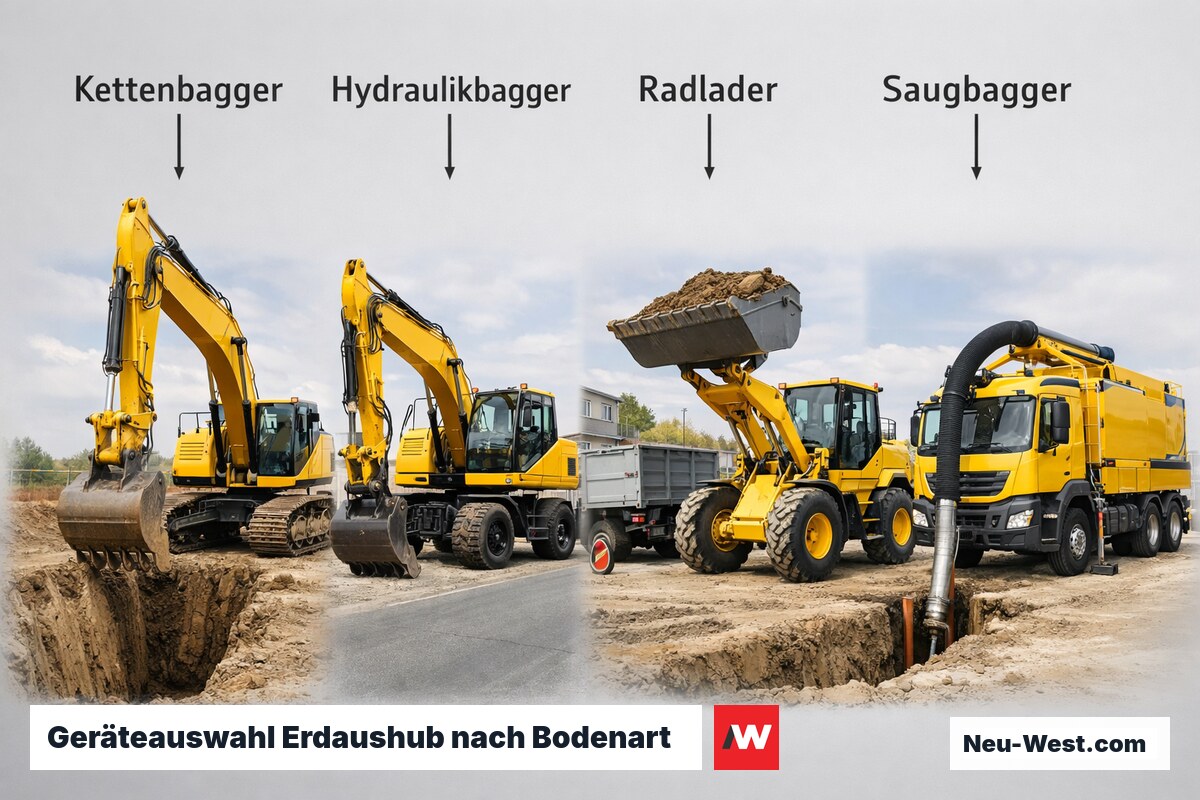 Geräteauswahl Erdaushub nach Bodenart und Platzverhältnissen – Erklär-Grafik (NEUWEST Berlin)