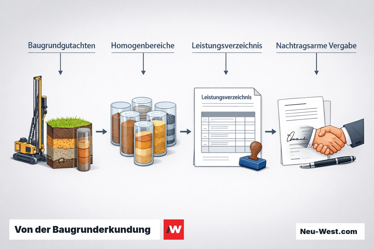 Prozessgrafik: Baugrundgutachten, Einteilung in Homogenbereiche, Leistungsverzeichnis und nachtragsarme Vergabe nach DIN 18300 in vier Schritten.