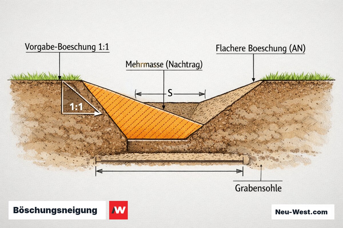 Querschnitt eines Erdbau-Grabens mit steiler Vorgabe-Böschung 1:1 und flacherer Böschung, dazwischen die keilförmige Mehrmasse als Nachtragsvolumen.