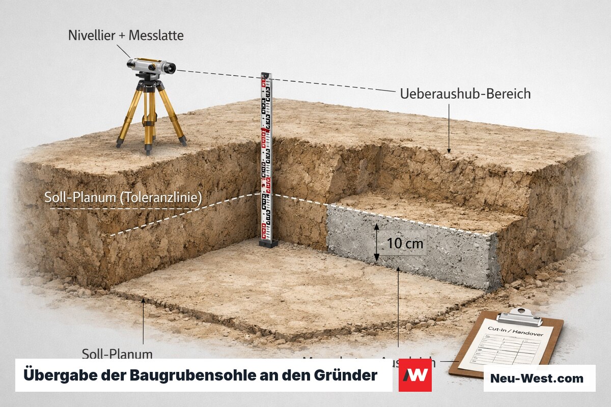 Querschnitt der Baugrubensohle: Soll-Planum, Überaushub mit Magerbeton-Ausgleich und Nivellementsaufmaß mit Messlatte vor der Übergabe.