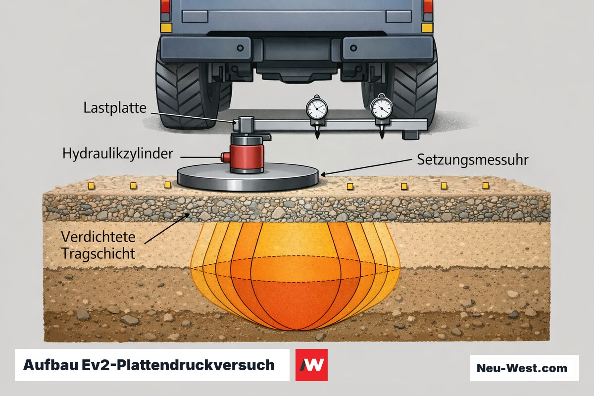 Querschnitt eines Ev2-Plattendruckversuchs mit Lastplatte, Hydraulikzylinder und Messuhren zur Tragfähigkeitsprüfung auf verdichteter Tragschicht vor der Gründung.