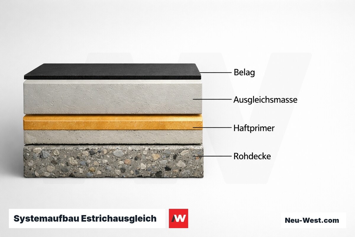 Systemaufbau Estrichausgleich: Schichtfolge und kritische Schnittstellen – Erklär-Grafik (NEUWEST Berlin)
