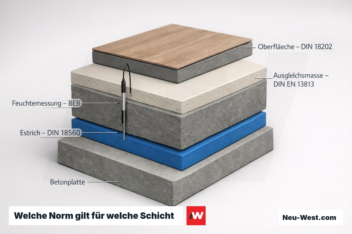 Cutaway-Querschnitt eines Fußbodenaufbaus mit Estrich, Ausgleichsmasse und Feuchtemesssonde, jede Schicht ihrer maßgeblichen Norm zugeordnet.