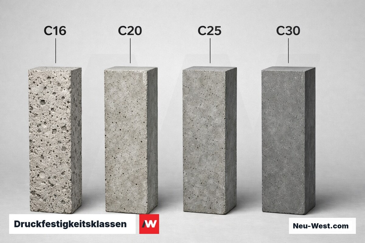 Druckfestigkeitsklassen von Ausgleichsmassen nach EN 13813: C16 bis C30 – Erklär-Grafik (NEUWEST Berlin)