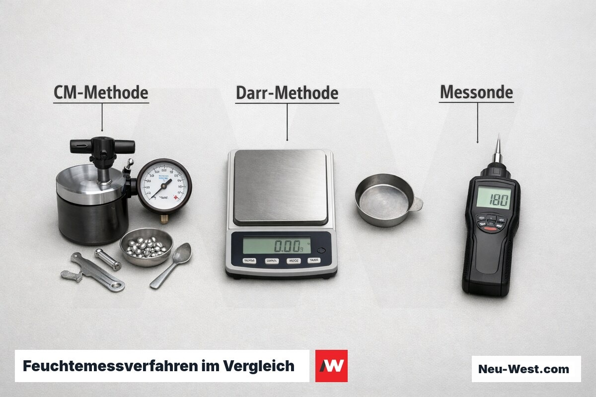Feuchtemessverfahren im Vergleich: CM, Darr-Methode und elektrische Messung – Erklär-Grafik (NEUWEST Berlin)