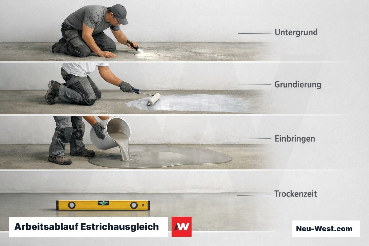 Arbeitsablauf Estrichausgleich: Kernschritte bis zur Belegreife – Erklär-Grafik (NEUWEST Berlin)