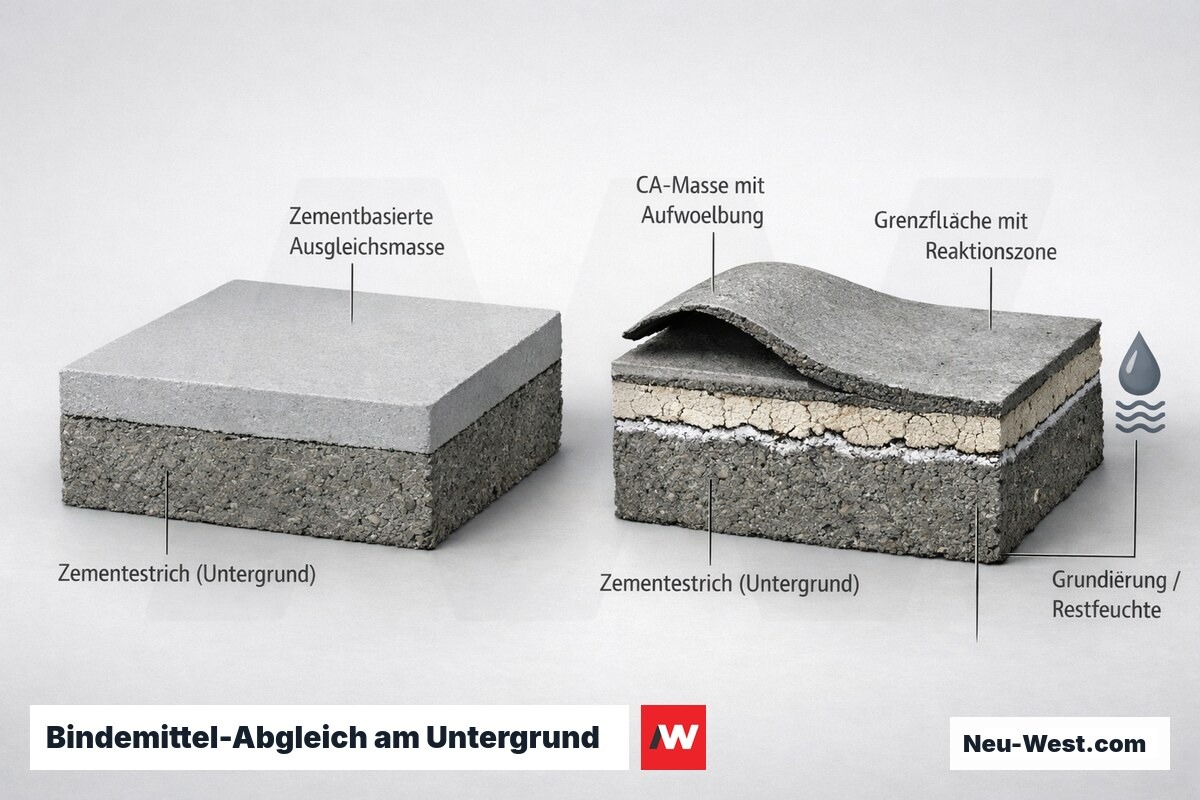 Querschnitt-Vergleich: kompatible Zement-Ausgleichsmasse gegen CA-Masse auf Zementestrich mit Aufwoelbung und Reaktion an der Grenzflaeche.