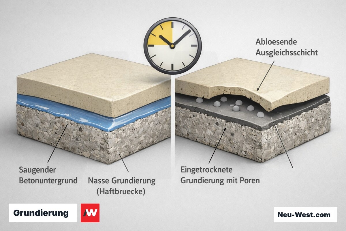 Querschnitt zeigt korrekt nasse Grundierung mit Haftung gegenüber eingetrockneter Grundierung mit Poren und sich ablösender Ausgleichsschicht auf saugendem Beton.