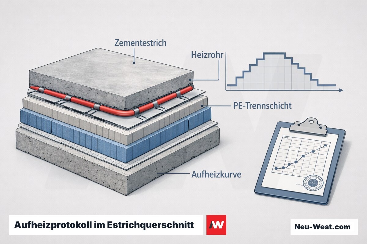 Querschnitt einer Fußbodenheizung im Zementestrich mit Heizrohren, Trennschicht und gestufter Aufheizkurve samt Protokoll-Nachweis.