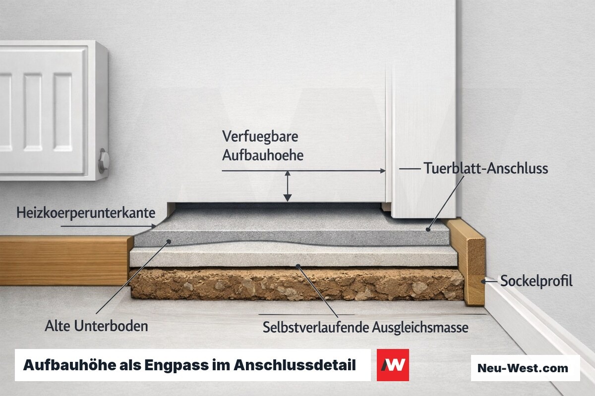 Querschnitt eines Fußboden-Randdetails: Altbelag mit dünner Ausgleichsschicht, begrenzte Aufbauhöhe zwischen Türblatt, Heizkörperunterkante und Sockelprofil.