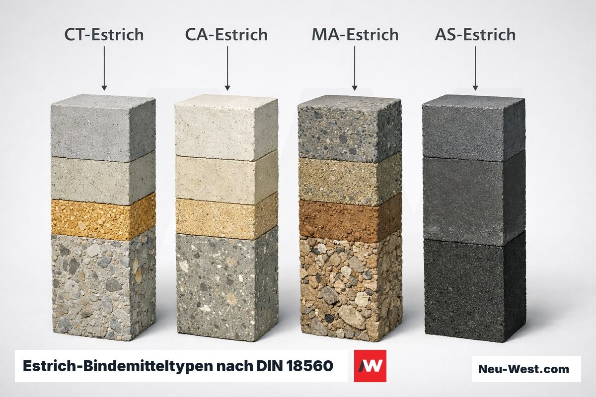 Estrich-Bindemitteltypen nach DIN 18560: CT, CA, MA, AS – Erklär-Grafik (NEUWEST Berlin)
