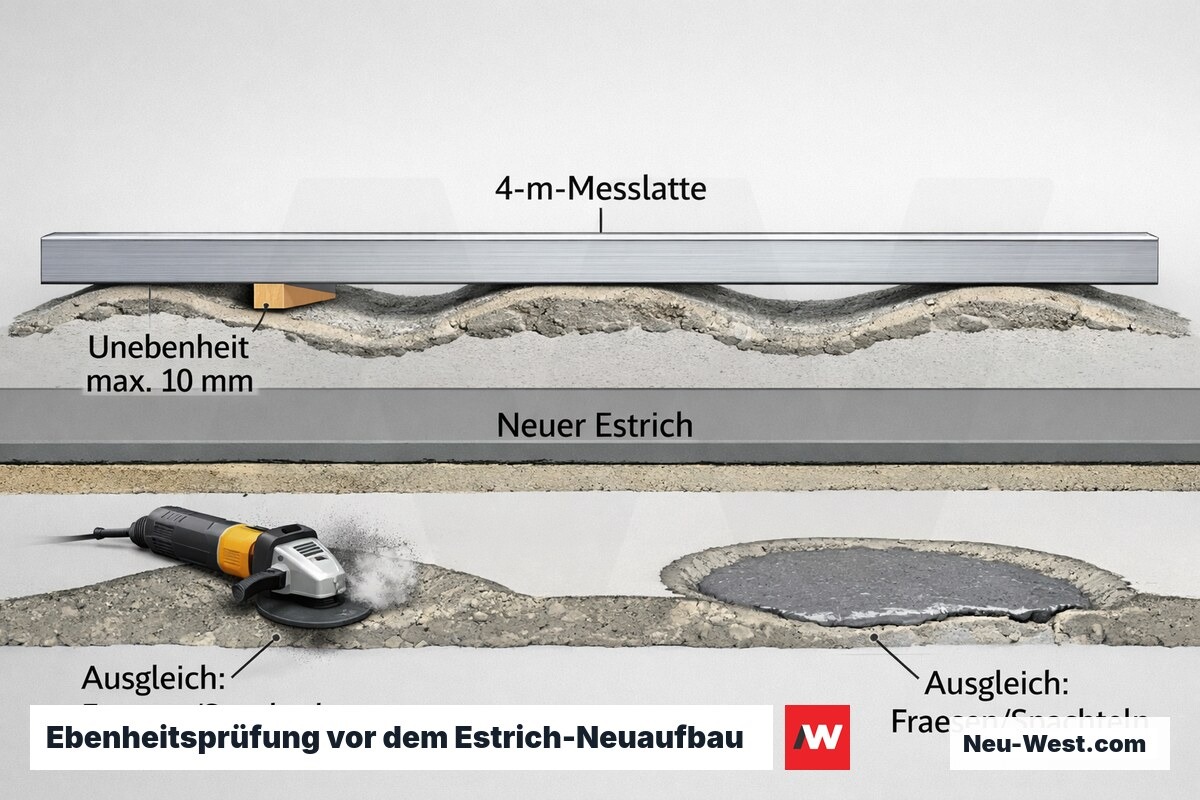 Querschnitt: 4-m-Messlatte über unebenem Untergrund misst Toleranz, darunter neuer Estrich mit gefrästen und gespachtelten Ausgleichsstellen.