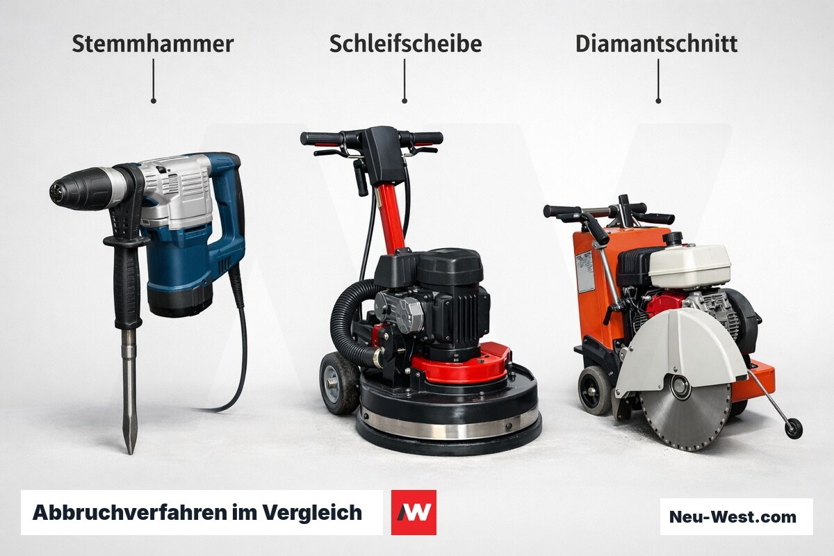 Abbruchverfahren im Vergleich: Körperschall, Staubklasse, Flächenleistung – Erklär-Grafik (NEUWEST Berlin)