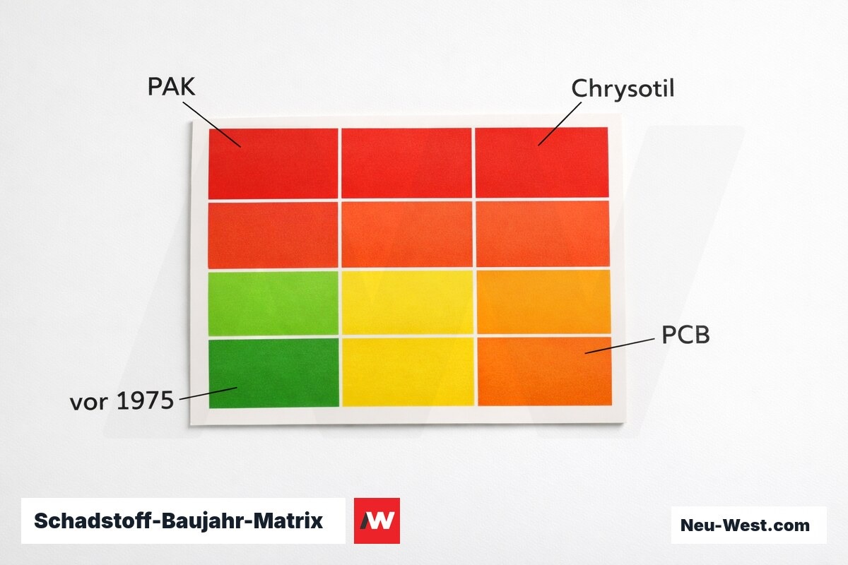 Schadstoff-Baujahr-Matrix: PAK, Chrysotil, PCB im Estrich – Erklär-Grafik (NEUWEST Berlin)
