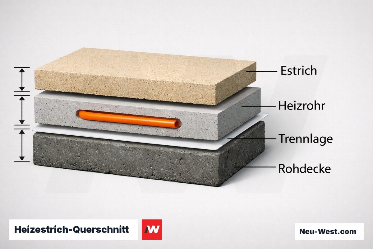 Heizestrich-Querschnitt: Rohrüberdeckung nach EN 1264-4 – Erklär-Grafik (NEUWEST Berlin)