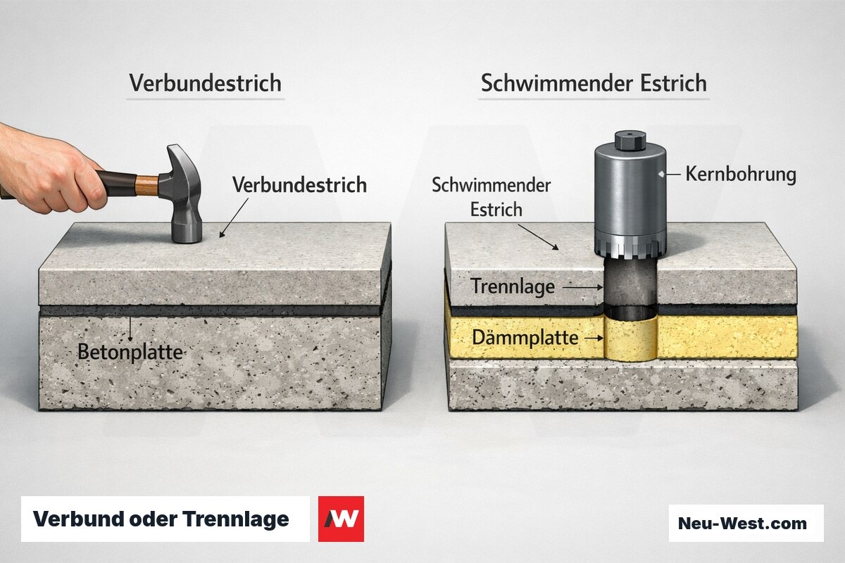 Querschnitt-Vergleich: Verbundestrich direkt auf Betondecke gegenüber schwimmendem Estrich mit Trennlage, geprüft per Abklopfen und Kernbohrung.