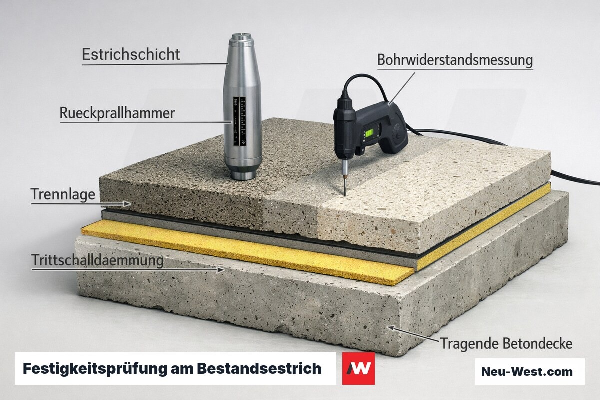 Querschnitt eines Bestandsestrichs mit Rückprallhammer und Bohrwiderstandsmessung zur Festigkeitsbestimmung vor dem Abbruch.