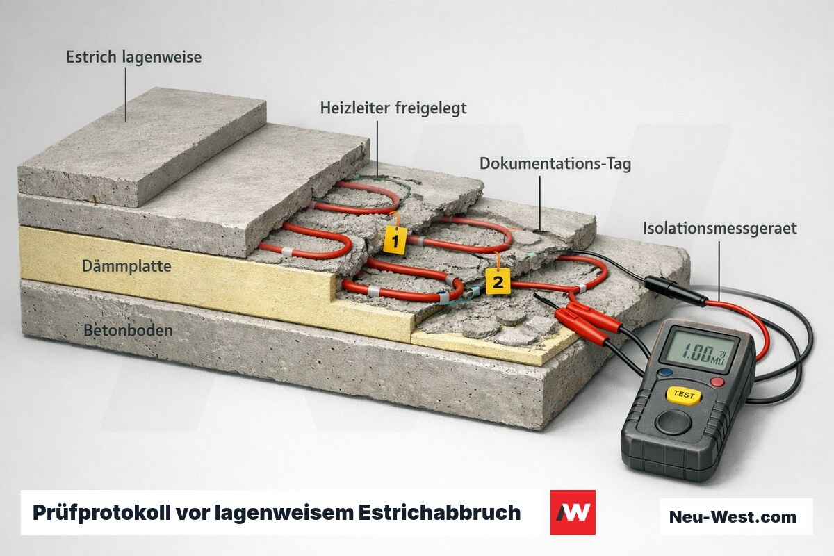 Querschnitt: elektrische Fußbodenheizung im Estrich, lagenweiser Abbruch, freigelegte Heizleiter mit Isolationsmessgerät und Dokumentation vor Abbruchbeginn.