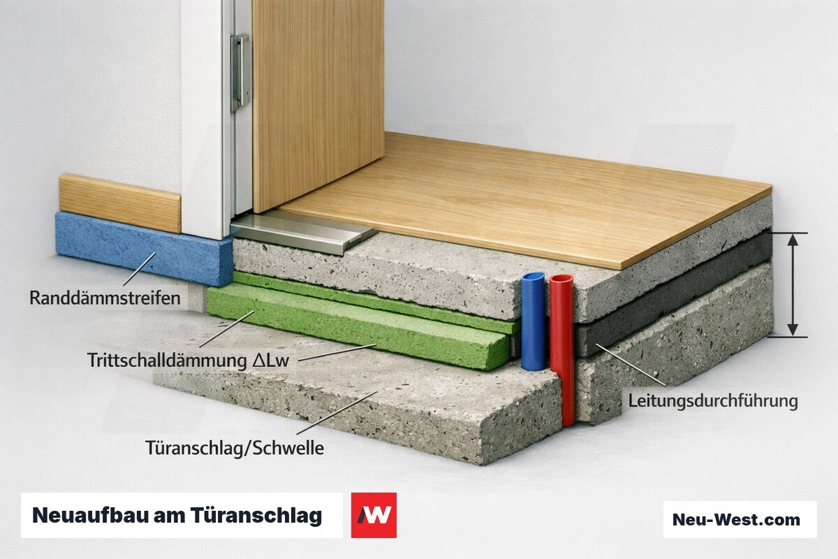 Cutaway-Detail des Fußboden-Neuaufbaus an der Türschwelle mit Trittschalldämmung, Randstreifen, Leitungsdurchführung und geänderter Aufbauhöhe nach DIN 4109.