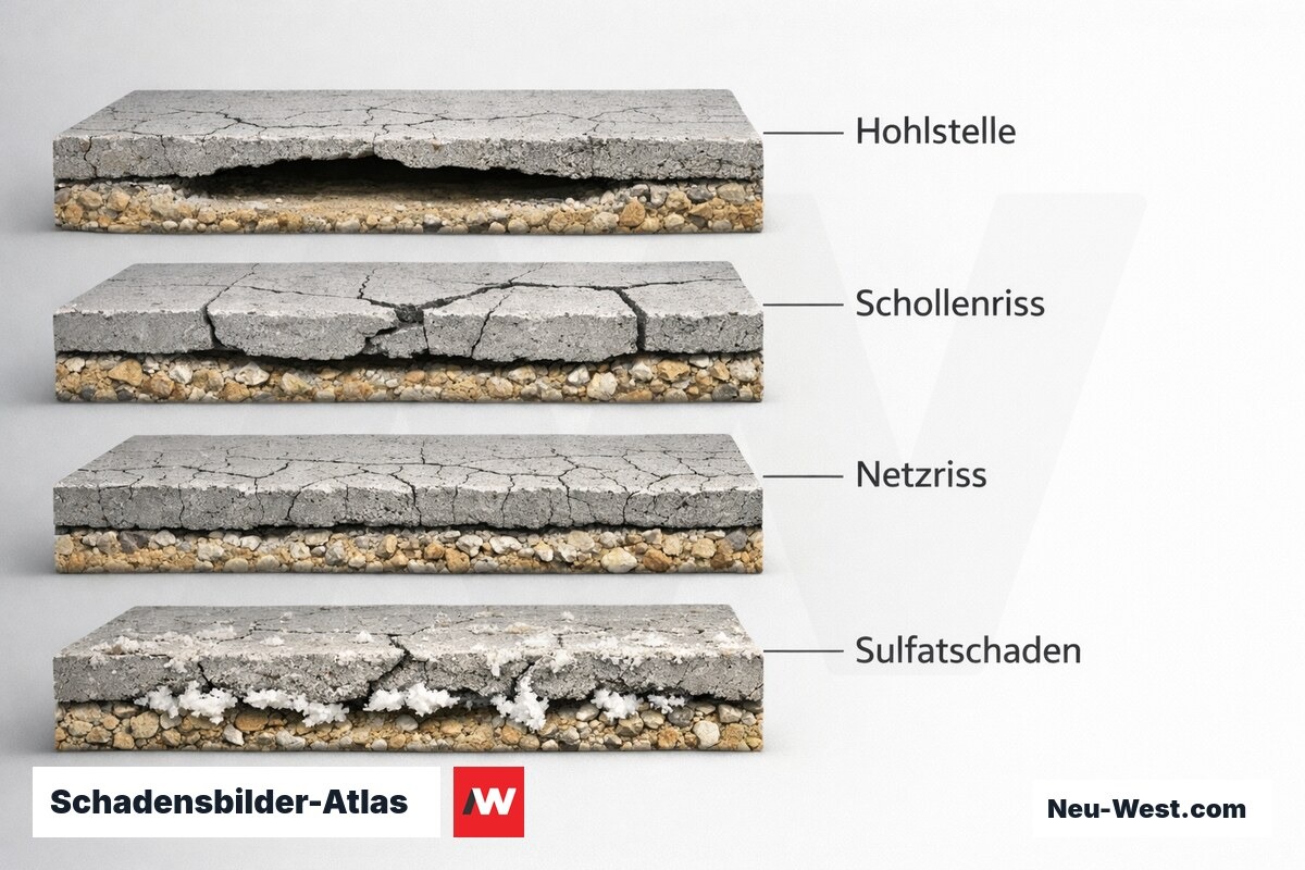 Schadensbilder-Atlas: vier Estrich-Schadenstypen – Erklär-Grafik (NEUWEST Berlin)