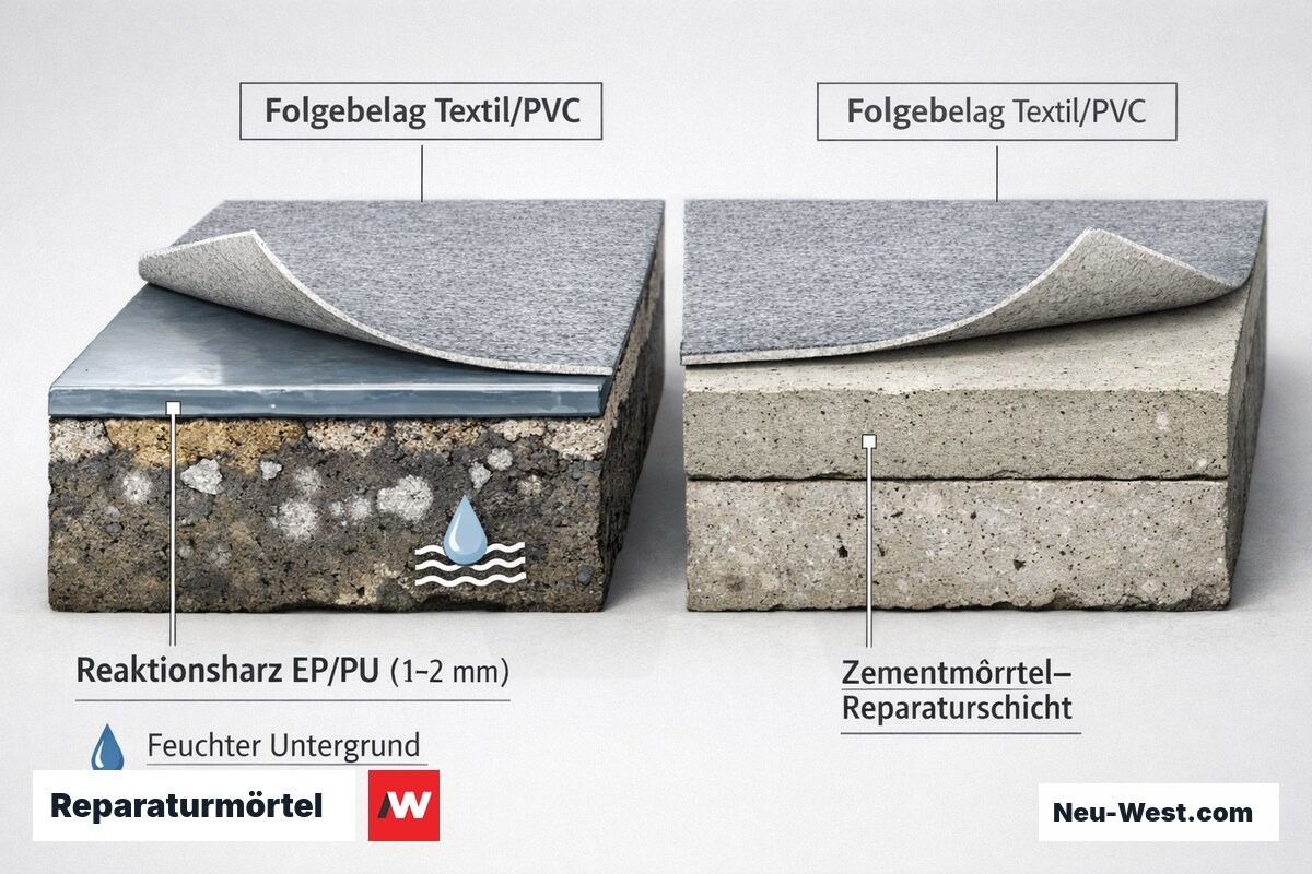 Querschnitt eines Betonbodens mit dünner Reaktionsharzschicht auf feuchtem Untergrund und dickerer Zementmörtel-Reparatur unter Folgebelag.