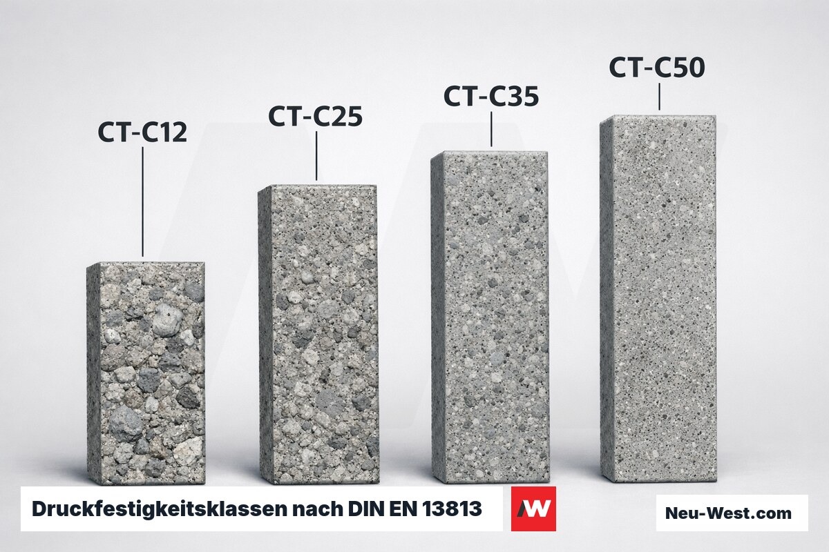 Druckfestigkeitsklassen nach DIN EN 13813 – Erklär-Grafik (NEUWEST Berlin)