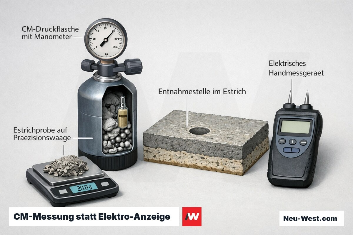 Erklär-Grafik: CM-Druckflasche mit Manometer, gewogene Estrichprobe und elektrisches Handmessgerät zur Feuchtemessung vor der Estrichsanierung.