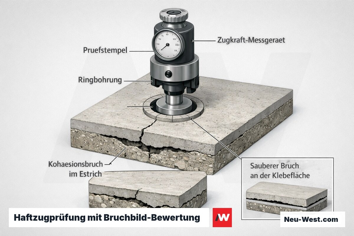 Erklär-Illustration einer Haftzugprüfung: Prüfstempel auf ringgebohrtem Estrich, Zugmessgerät und Kohäsionsbruch im Estrichmaterial als Sanierbarkeitszeichen.