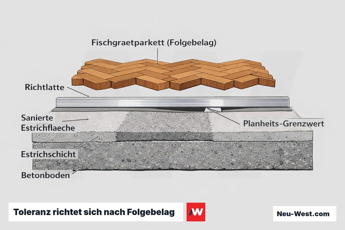 Querschnitt einer sanierten Estrichfläche mit Richtlatte und Fischgrätparkett als Folgebelag; Planheitstoleranz nach geplantem Bodenbelag.