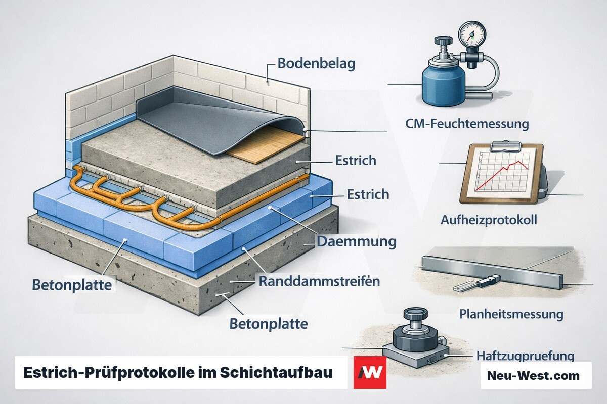 Querschnitt eines beheizten Estrichaufbaus mit vier Prüfszenen: CM-Feuchtemessung, Aufheizkurve, Planheitsmessung und Haftzugprüfung am Estrich.