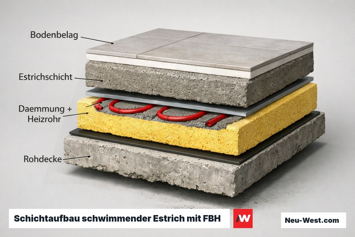 Querschnitt eines schwimmenden Estrichaufbaus mit Dämmung, Fußbodenheizungsrohren und Fliesenbelag im Altbau