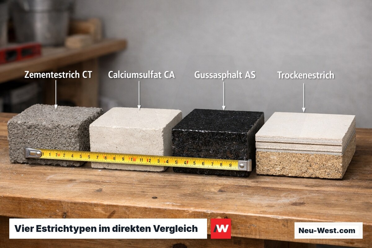 Vier verschiedene Estrichmaterialien als Musterblöcke nebeneinander: Zement, Anhydrit, Gussasphalt und Trockenestrich mit sichtbaren Schichtdicken