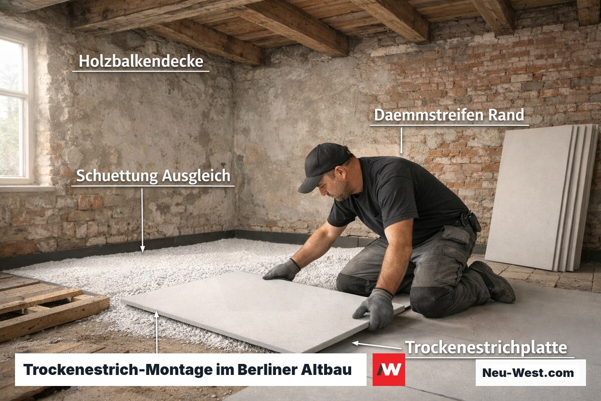 Handwerker verlegt Trockenestrichplatten auf Perlitschüttung in Altbau-Zimmer mit Holzbalkendecke und Backsteinwänden