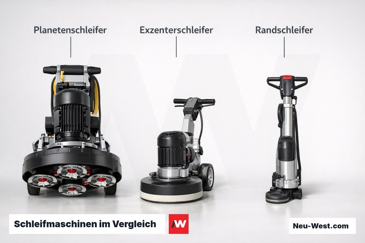 Schleifmaschinen im Vergleich: Einsatzbereiche – Erklär-Grafik (NEUWEST Berlin)