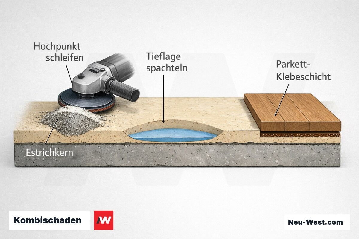Querschnitt eines Estrichs mit Kombischaden: geschliffener Hochpunkt, gespachtelte Tieflage und Estrichkern als Basis fuer die Parkett-Klebeschicht.