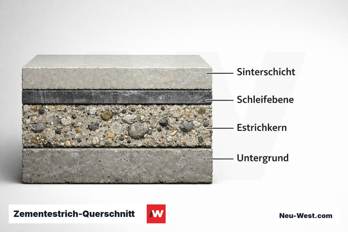 Zementestrich-Querschnitt: Was das Schleifen freilegt – Erklär-Grafik (NEUWEST Berlin)