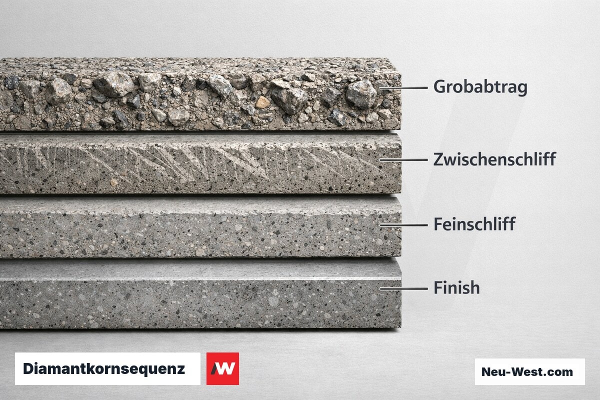 Diamantkornsequenz: Schleifpass-Abfolge und Rautiefe – Erklär-Grafik (NEUWEST Berlin)