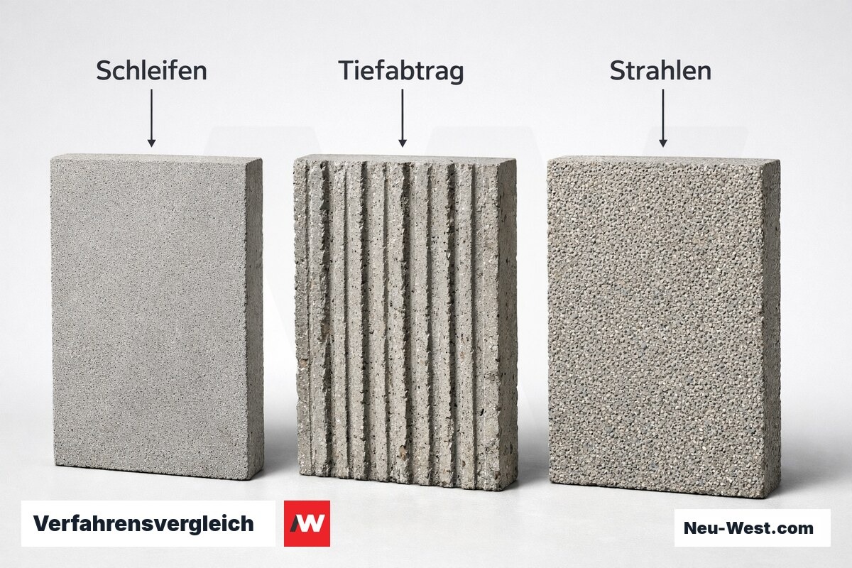 Verfahrensvergleich: Schleifen, Fräsen, Kugelstrahlen – Erklär-Grafik (NEUWEST Berlin)