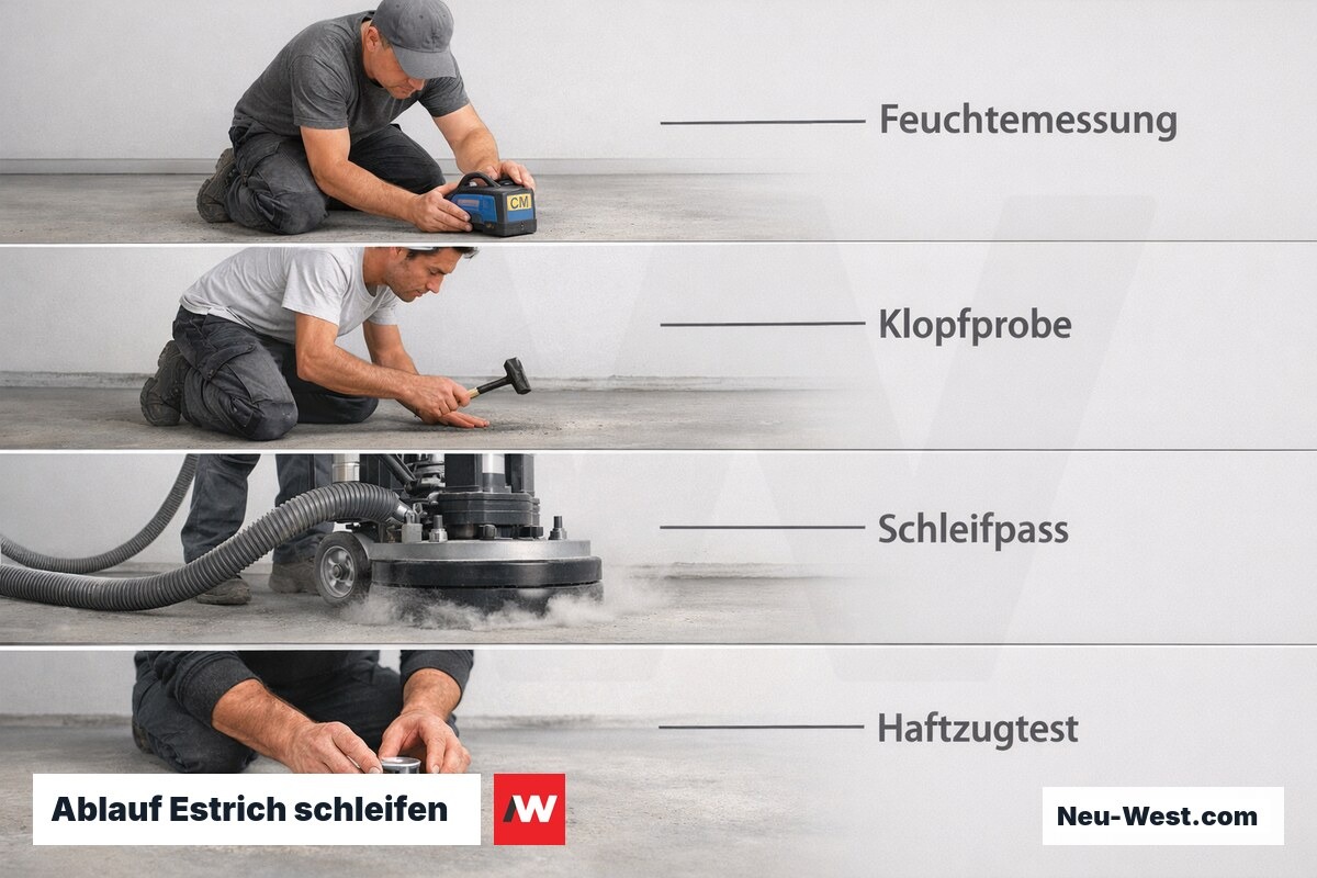 Ablauf Estrich schleifen: Schritt für Schritt – Erklär-Grafik (NEUWEST Berlin)