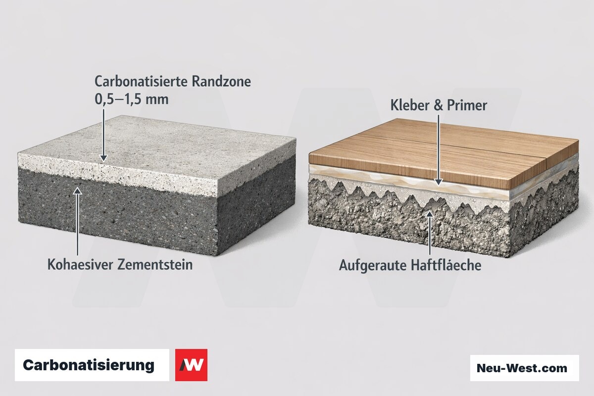 Querschnitt eines Estrichs: dünne carbonatisierte Randzone, darunter fester Zementstein, rechts abgeschliffene aufgeraute Haftfläche mit Kleber und Primer.