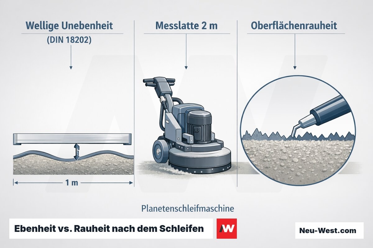 Erklär-Grafik: DIN 18202 misst wellige Unebenheit per Messlatte, Oberflächenrauheit ist separater Kennwert – nach Planetenschliff getrennt beurteilt.