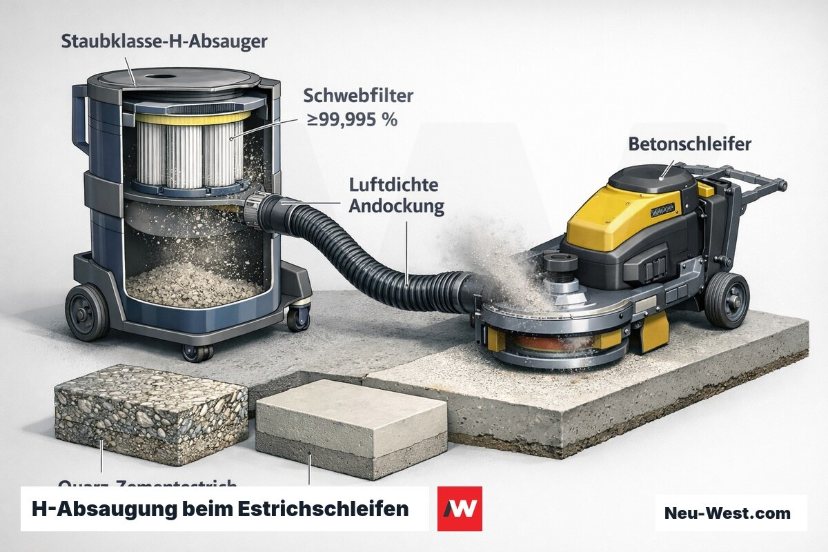 Querschnitt: Estrichschleifmaschine mit luftdicht angedockter Staubklasse-H-Absaugung, Schwebfilter und Vergleich Quarz-Zementestrich gegen Calciumsulfat-Fliessestrich.