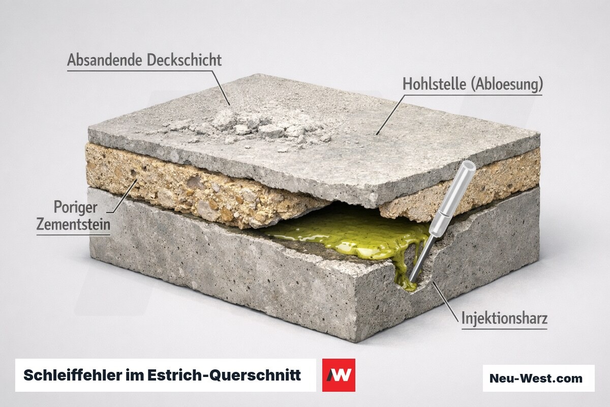 Querschnitt eines Estrichs mit absandender Deckschicht, porigem Zementstein und einer Hohlstelle mit Injektionsharz nach dem Schliff.