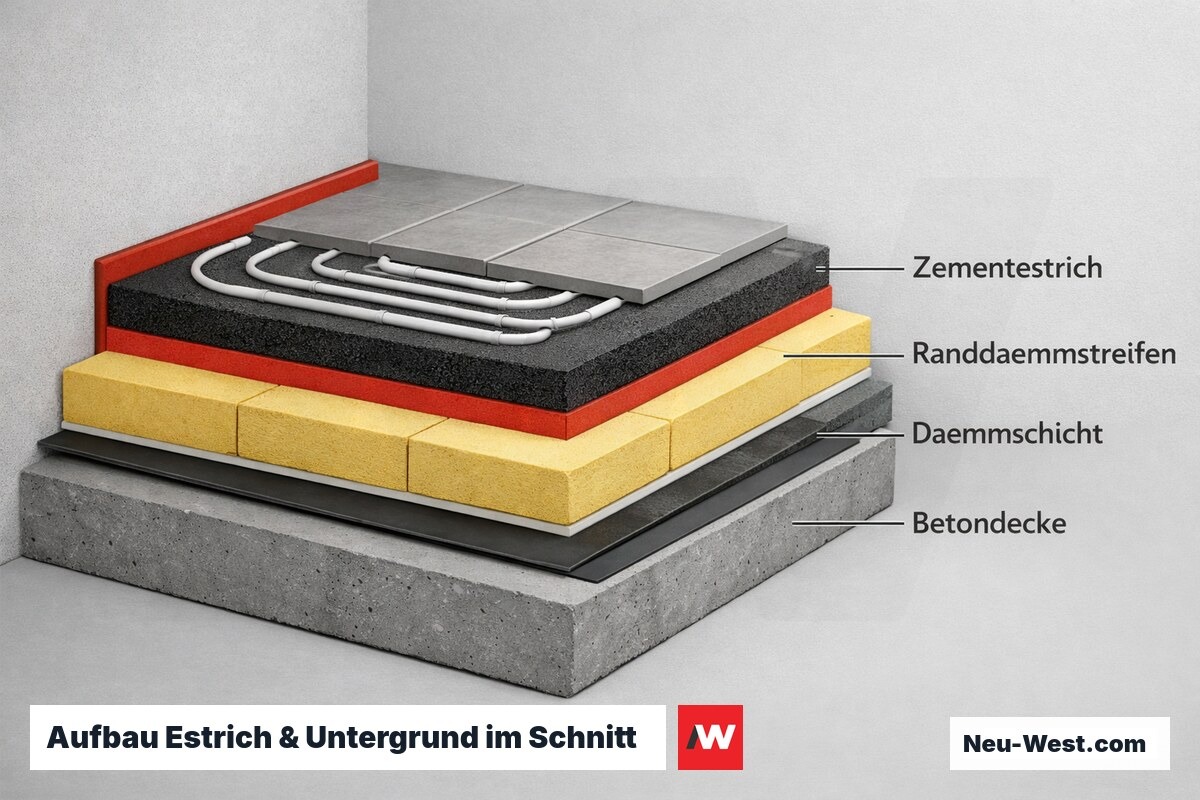 Schichtaufbau eines Fußbodens im Querschnitt: Betondecke, Wärme- und Trittschalldämmung, Randdämmstreifen und Zementestrich vor dem Belag.