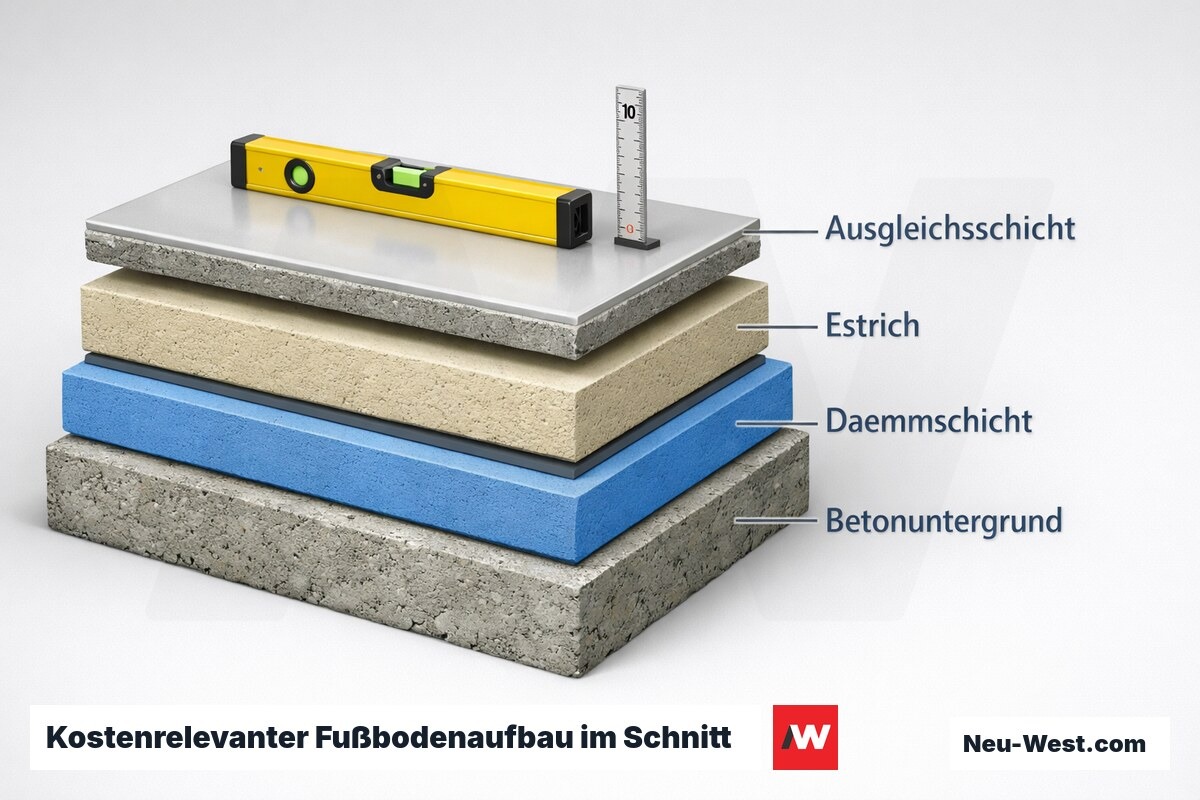 Schnitt-Illustration eines Fußbodenaufbaus mit Betonuntergrund, Dämmschicht, Estrich und Ausgleichsschicht sowie Wasserwaage zur Ebenheitskontrolle.