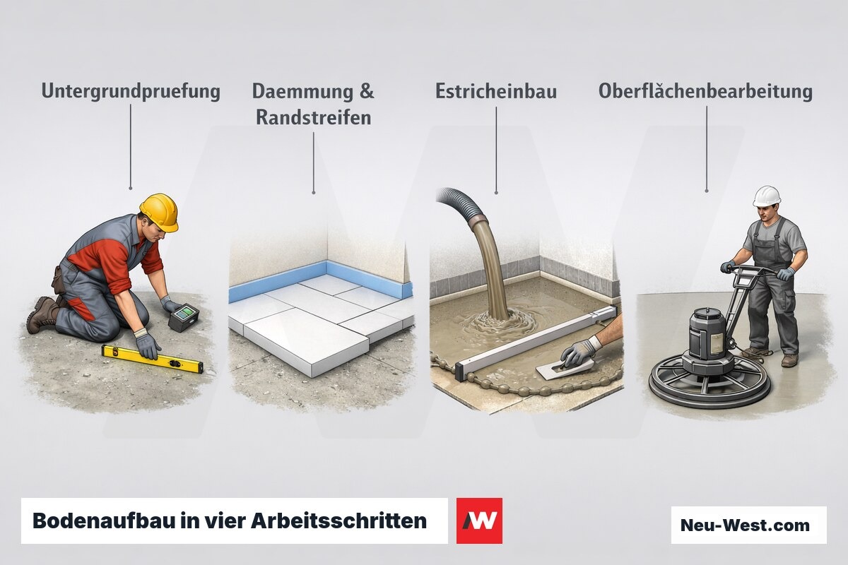 Ablauf der Bodenvorbereitung: Untergrundprüfung, Dämmung, Estricheinbau und Oberflächenbearbeitung in vier Schritten.