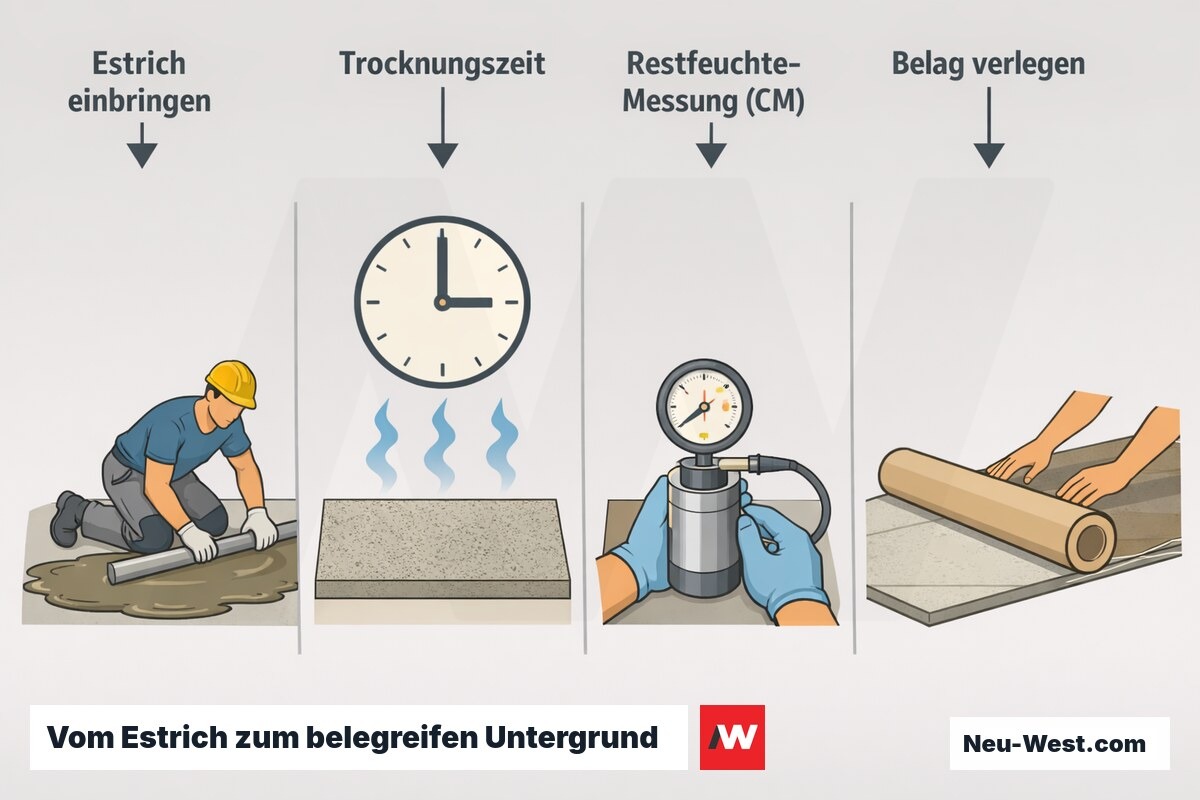 Ablauf-Illustration in vier Schritten: Estrich einbringen, Trocknungszeit abwarten, CM-Restfeuchtemessung und Verlegen des Oberbelags.