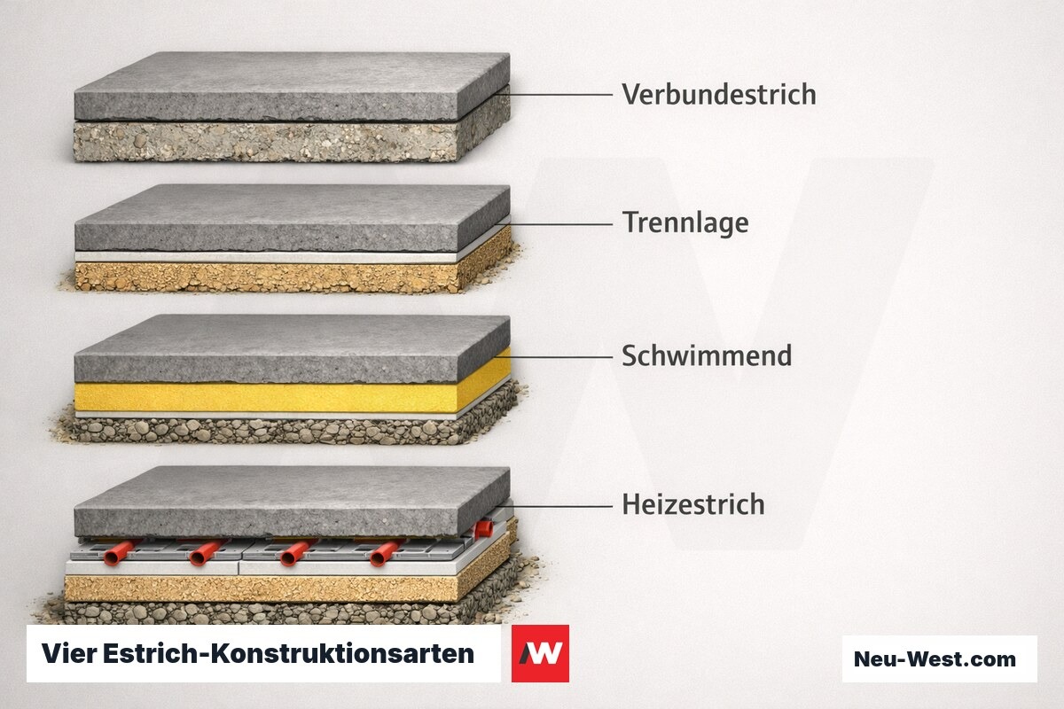 Vier Estrich-Konstruktionsarten im Querschnitt – Erklär-Grafik (NEUWEST Berlin)