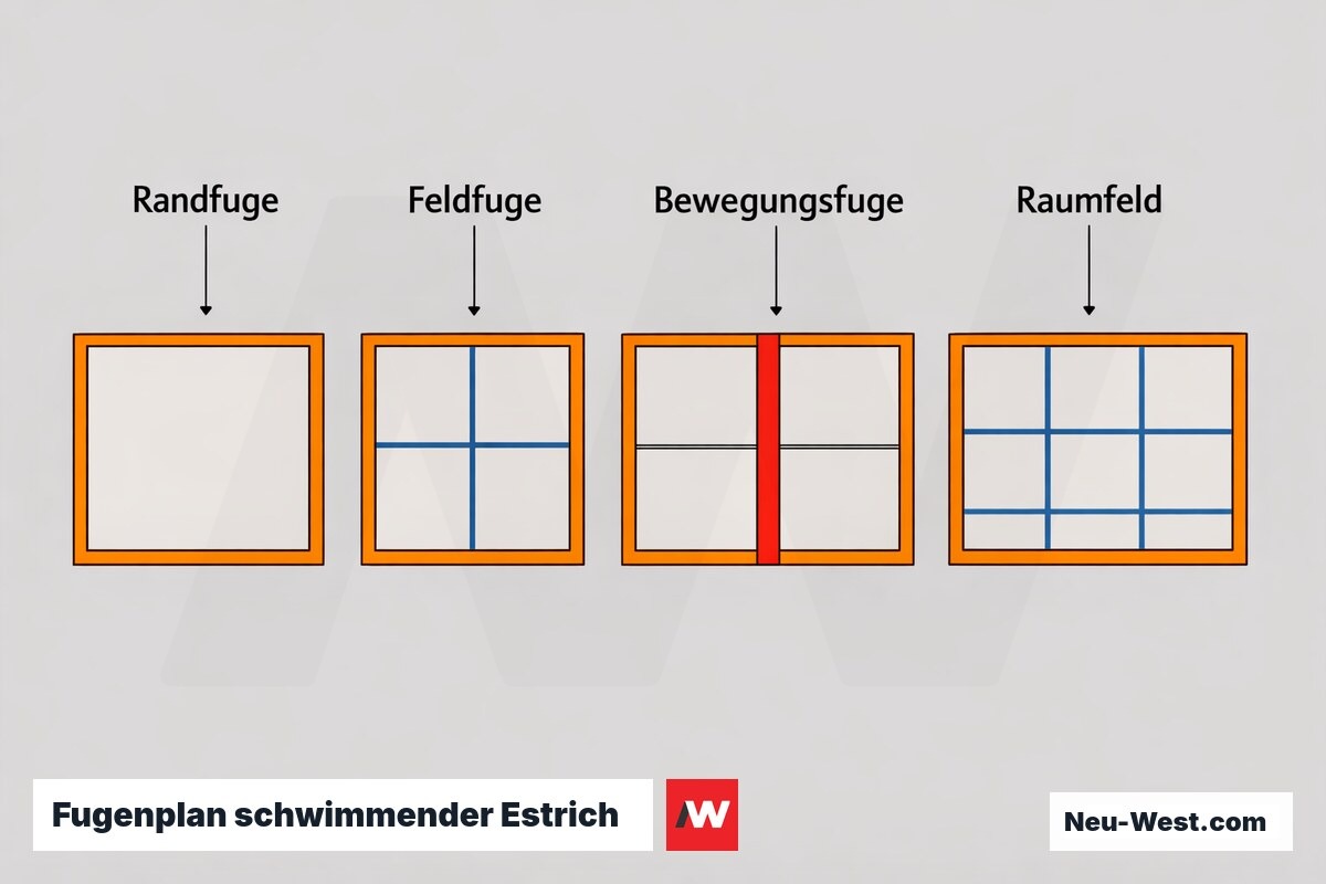 Fugenplan schwimmender Estrich — Grundriss-Draufsicht – Erklär-Grafik (NEUWEST Berlin)